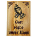 Haussegen aus Olivenholz mit betenden Händen und Inschrift Gott segne unser Haus