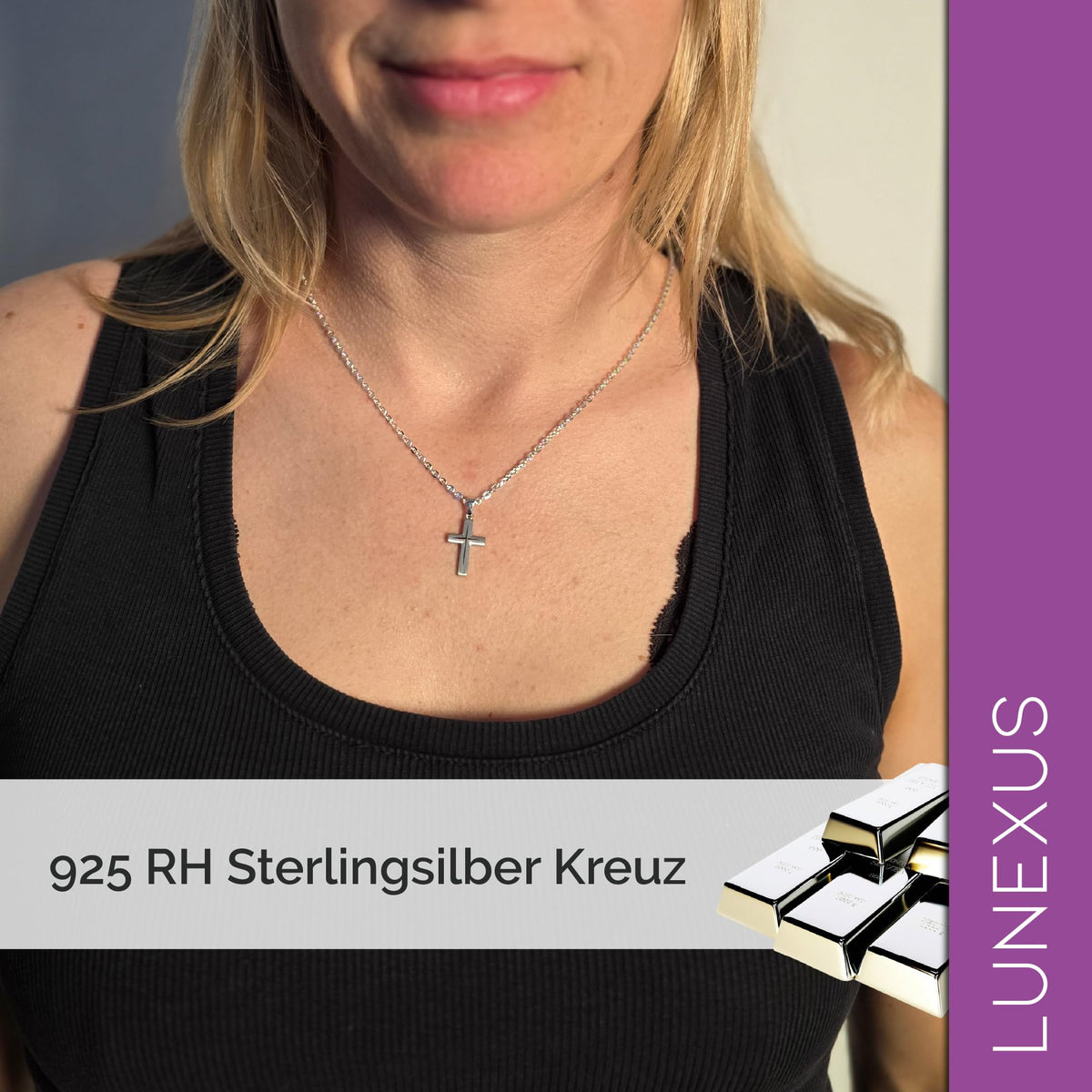 Kreuzkette 925 Sterling Silber rhodiniert, Kreuzanhänger 2,5 cm, Panzerkette 60 cm, gesegnet – Bild 6