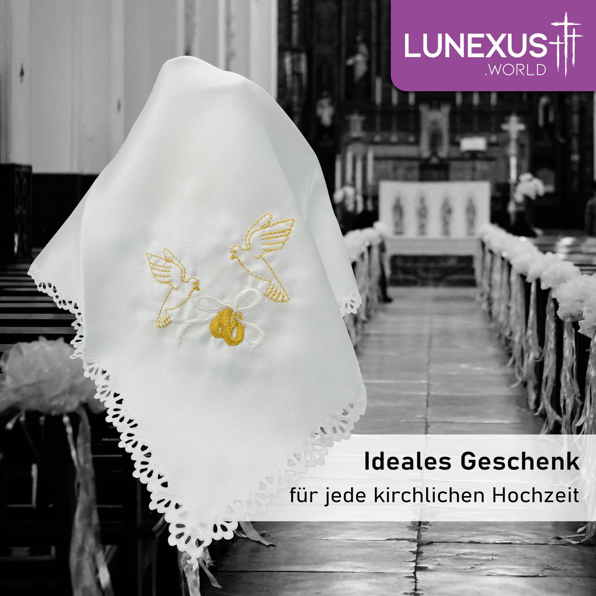 Weißes gesegnetes Hochzeitstuch 35 × 35 cm mit goldener Stickerei aus zwei Tauben und Eheringen – Bild 6