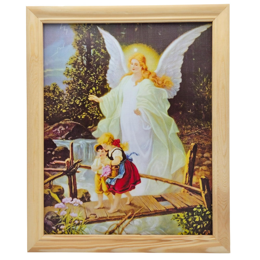 Tableau mural ange gardien dans un cadre en bois : l'ange guide deux enfants sur un pont – image 2