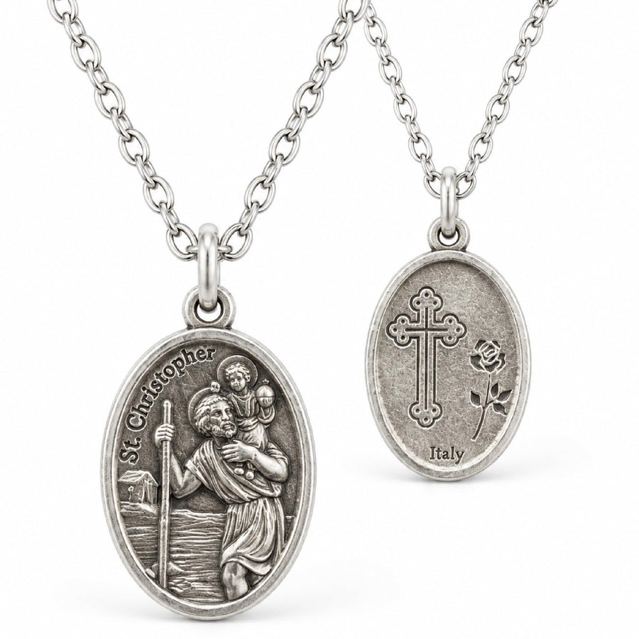 Christophorus Medaille Edelstahl silber mit Kette, beidseitig graviert, gesegnet