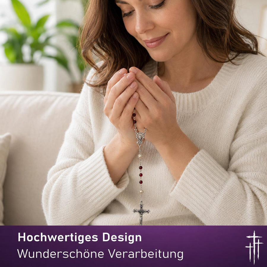 Rosenkranz mit rot marmorierten Glasperlen, 50 cm, Madonnen-Plakette und Kruzifix, gesegnet – Bild 8