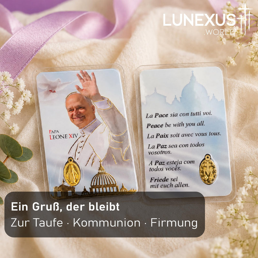 Gebetskarte Papst Leo XIV. mit vergoldeter Wundertätiger Medaille, laminiert, 9×5 cm, gold-blau – Bild 6