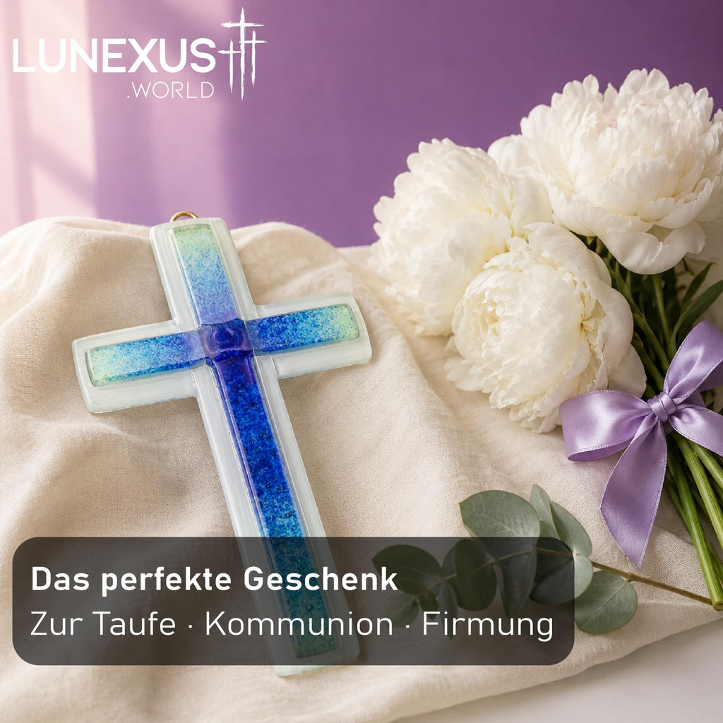 Glaskreuz mit gesprenkelten Blau- und Grüntönen, 20,5 cm, Wandkreuz – Bild 6