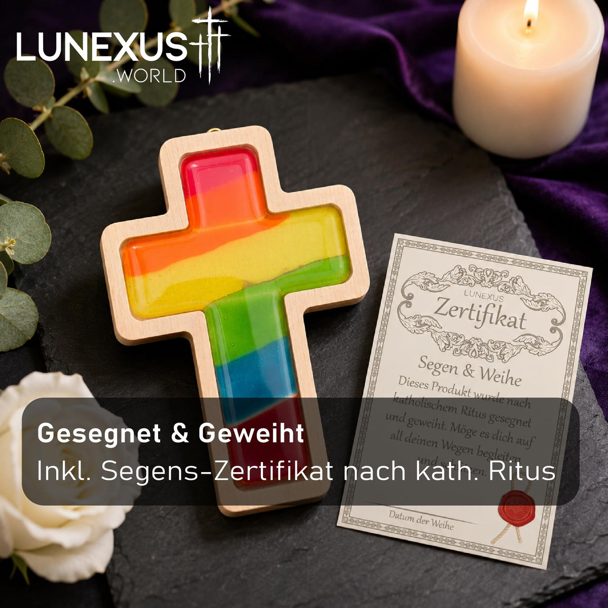 Wandkreuz aus Buchenholz mit Glaskern in Regenbogenfarben, 17×12 cm, gesegnet – Bild 4
