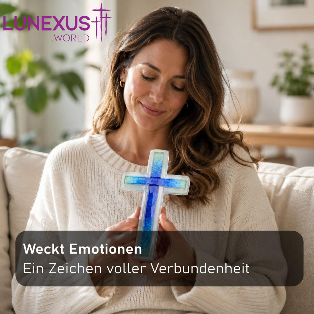 Glaskreuz mit gesprenkelten Blau- und Grüntönen, 20,5 cm, Wandkreuz – Bild 7