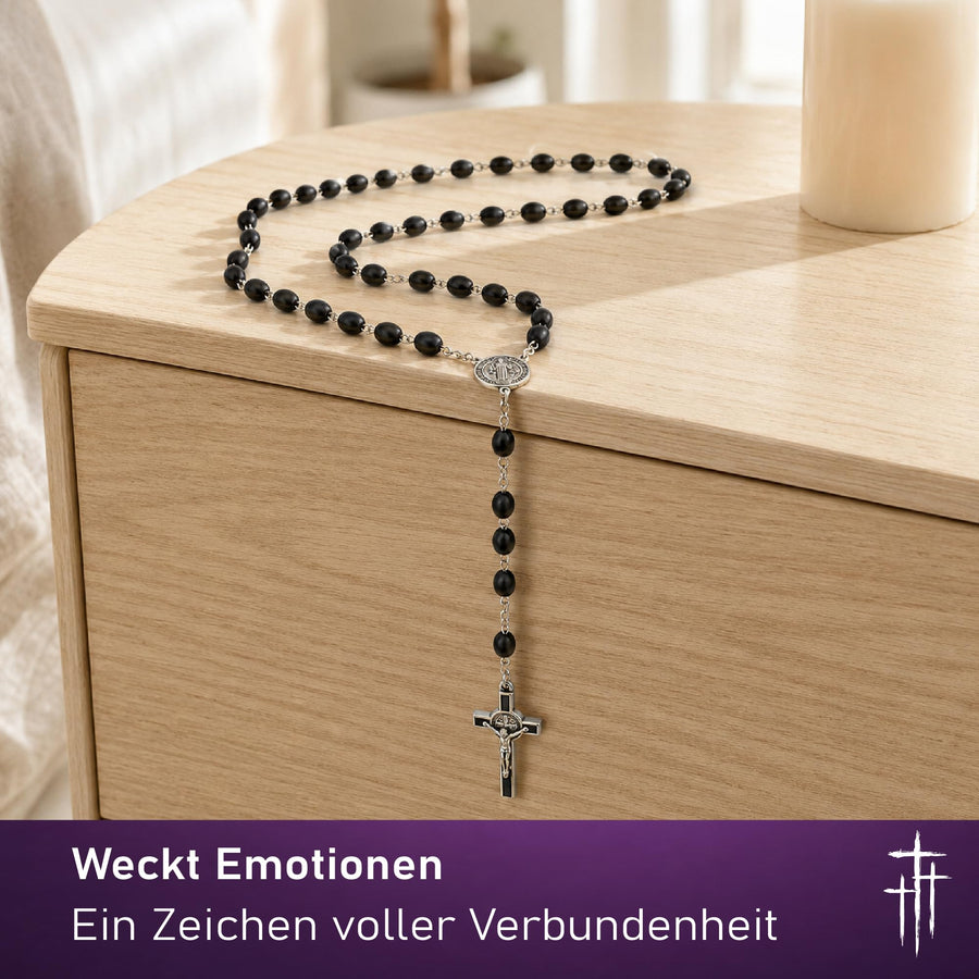 Benediktus-Rosenkranz mit schwarzen ovalen Holzperlen, 50 cm, Medaille und emailliertes Kruzifix – Bild 7