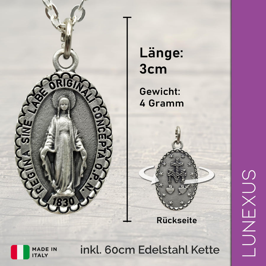 Collier Vierge Marie argent vieilli mat, pendentif 3 cm, chaîne en acier inoxydable 60 cm, bénit – image 2