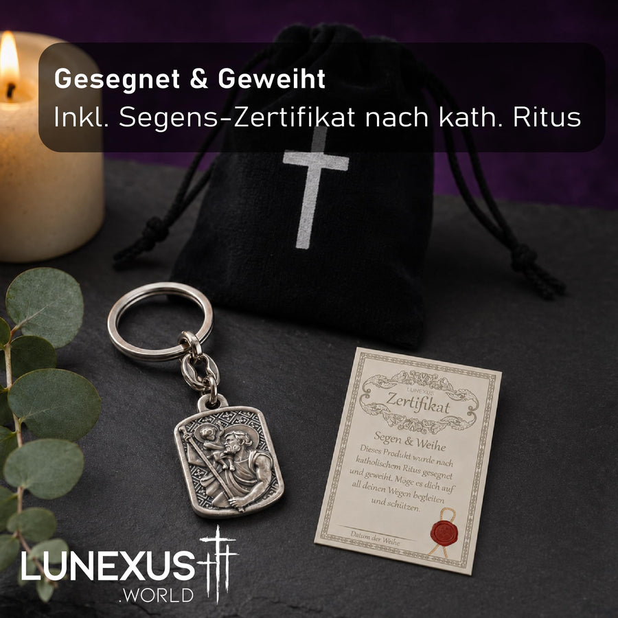 Christophorus Schlüsselanhänger Metall silber 8 cm, gesegnet, mit schwarzem Samtbeutel – Bild 3