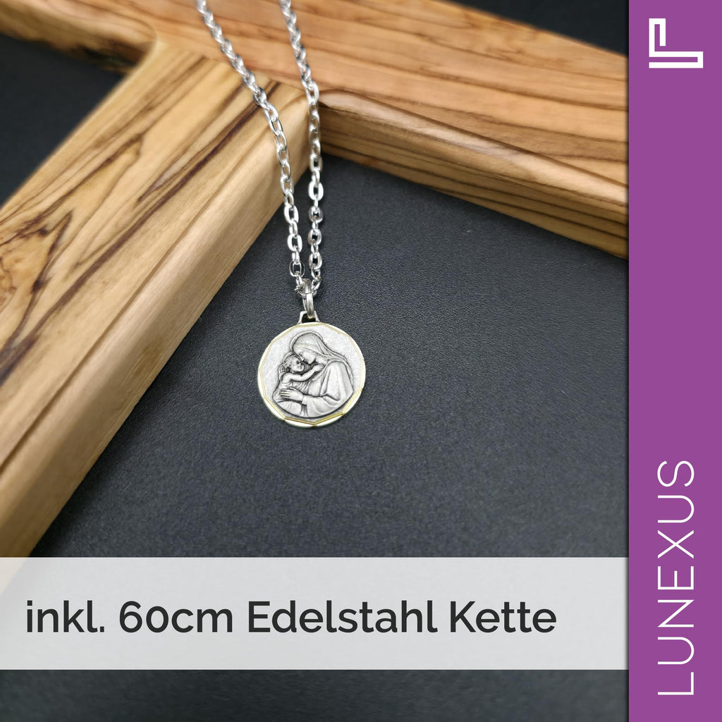 Marienkette Madonna mit Kind, Medaillon 2,2 cm Edelstahl, Gravur Gott schütze dich – Bild 4