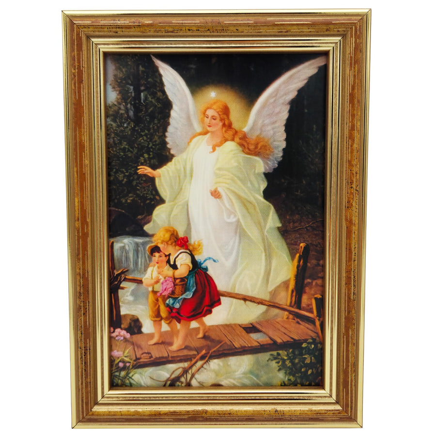 Tableau mural ange gardien dans un cadre en bois : l'ange guide deux enfants sur un pont – image 3