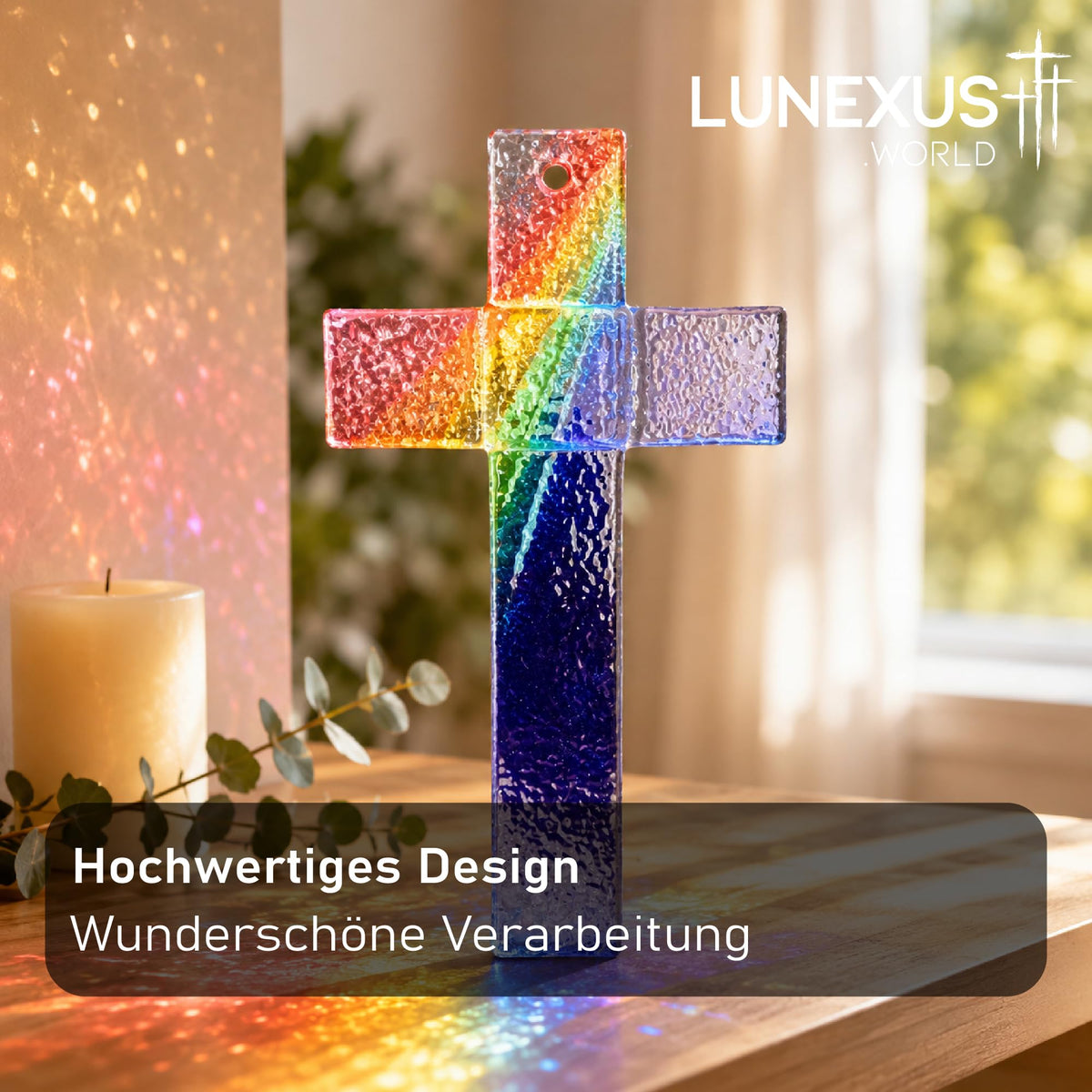 Glaskreuz in Regenbogenfarben aus Kristallglas, 20 x 11 cm, Wandkreuz – Bild 8
