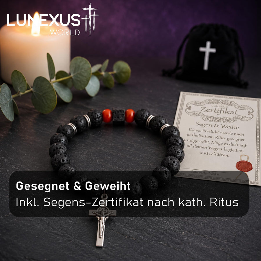 Bracelet en pierre de lave avec crucifix de saint Benoît et pierre d'accent, 16 cm, bénit – image 9