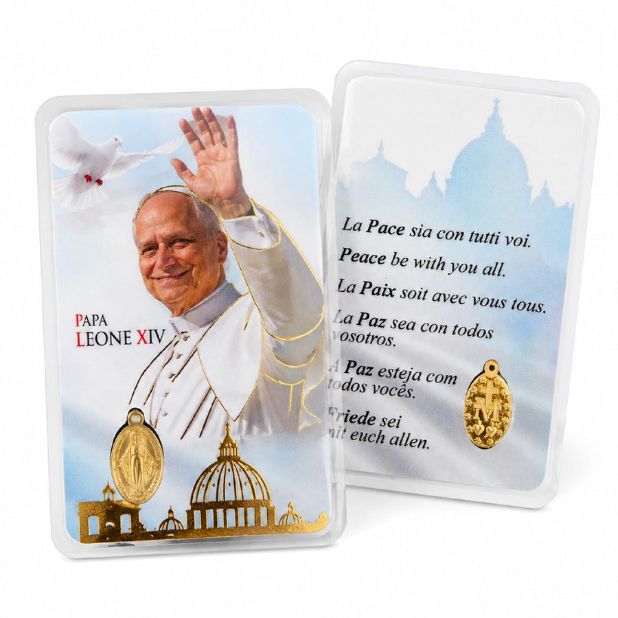 Gebetskarte Papst Leo XIV. mit vergoldeter Wundertätiger Medaille, laminiert, 9×5 cm, gold-blau