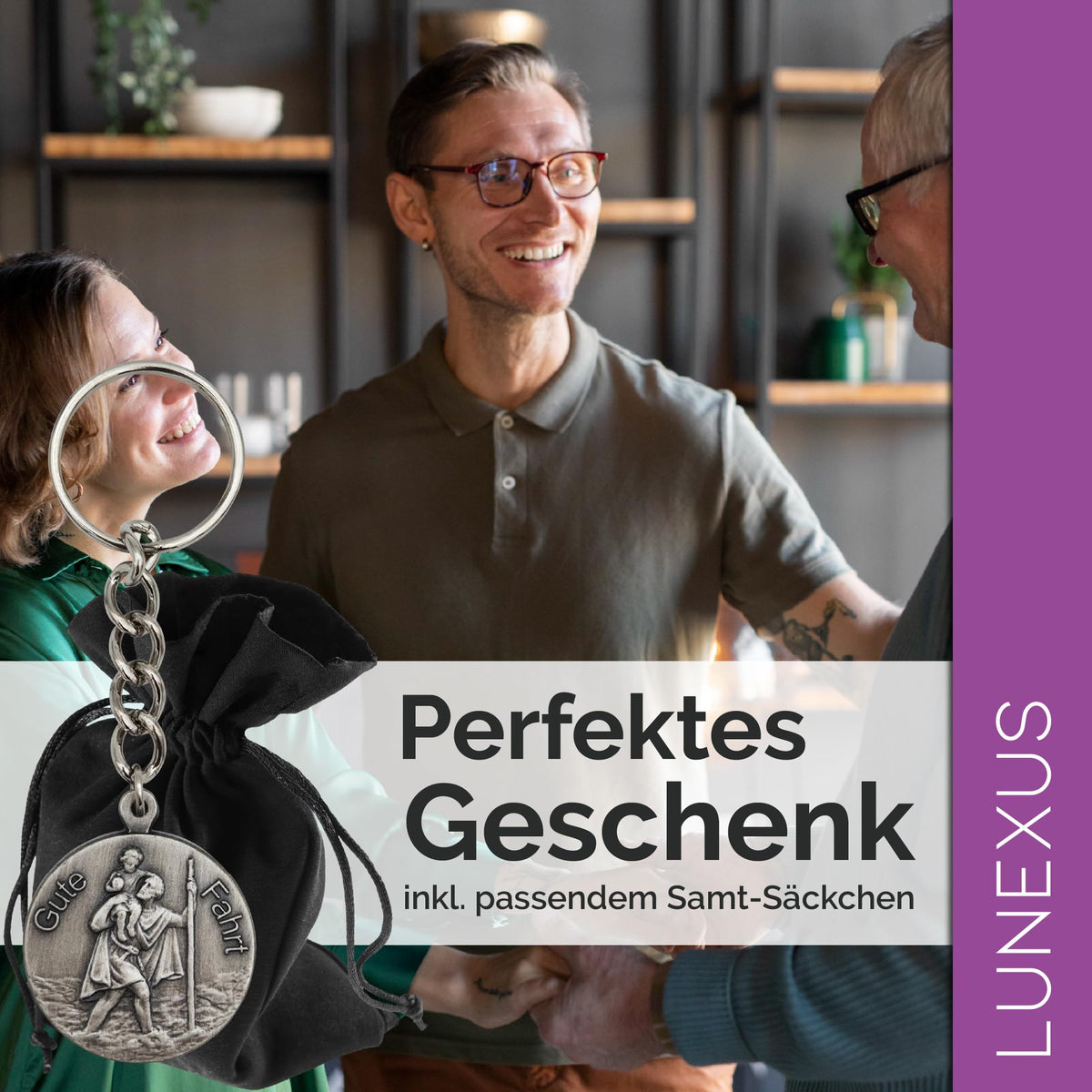 Christophorus Schlüsselanhänger Gute Fahrt, Antik-Silber, 9 cm, gesegnet, mit Samtbeutel – Bild 4