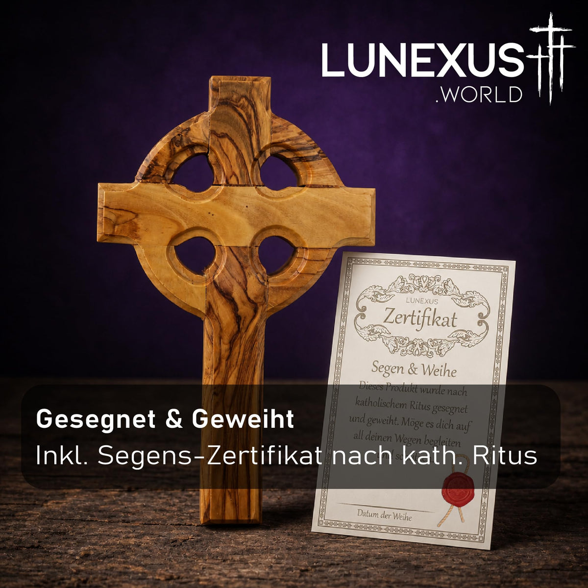 Keltisches Wandkreuz aus Olivenholz, 15,5 × 10 cm, mit Ring und goldfarbenem Haken, gesegnet – Bild 4