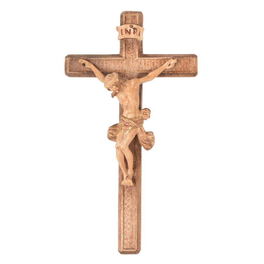 Cruz con Cristo – cruz de madera tallada a mano del Tirol del Sur, acabado patinado en varios colores