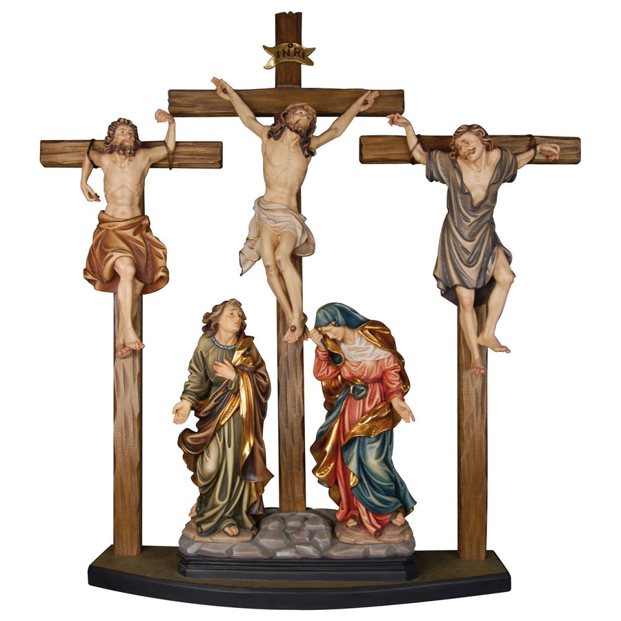 Crucifixion group with thieves, Passion scene – hand-carved wooden cross from South Tyrol, hand-painted finish