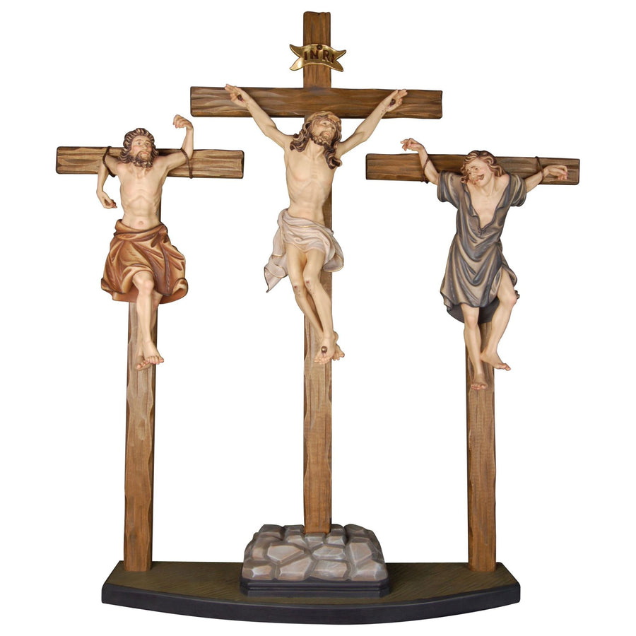 Gruppo della Crocifissione con Cristo e due ladroni – croce in legno scolpita a mano, finitura dipinta a mano