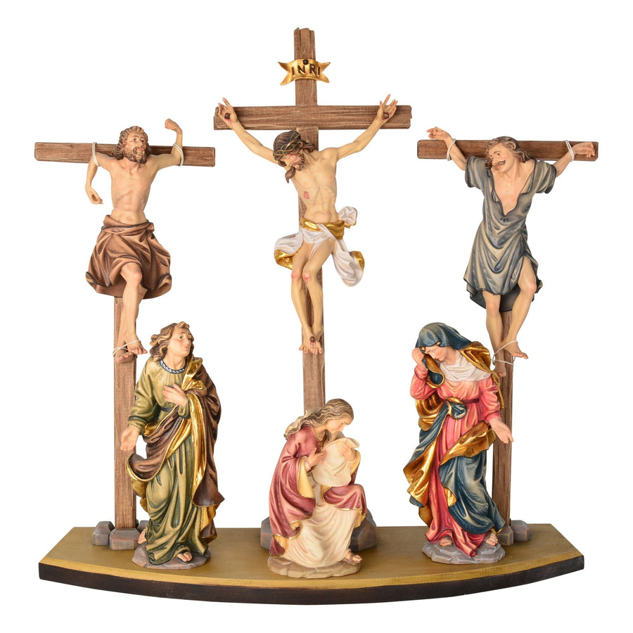 Crucifixion group with thief and Magdalene – hand-carved wooden cross from South Tyrol, hand-painted finish