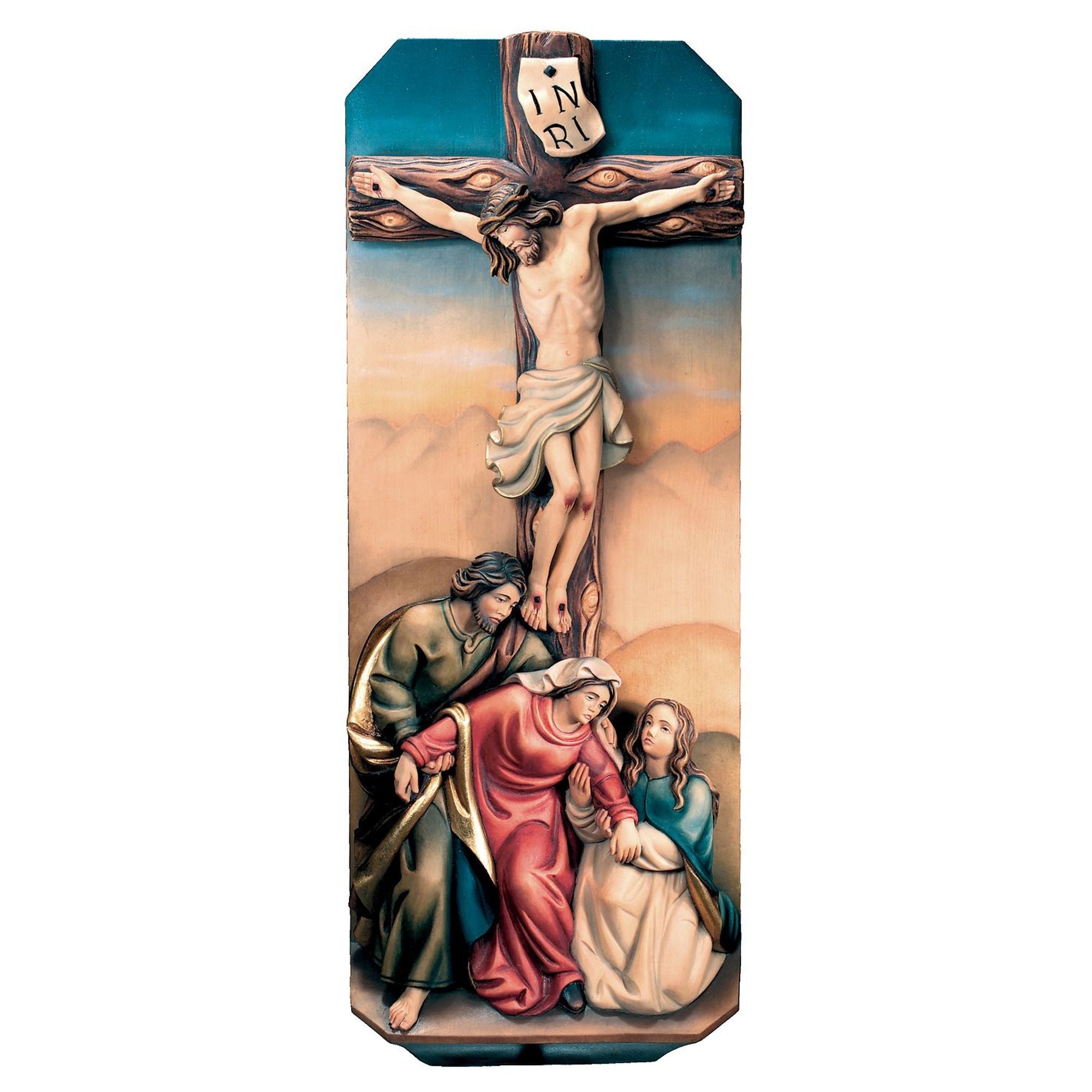 Kreuzigungsgruppe Relief – handgeschnitzt und bemalt in Südtirol