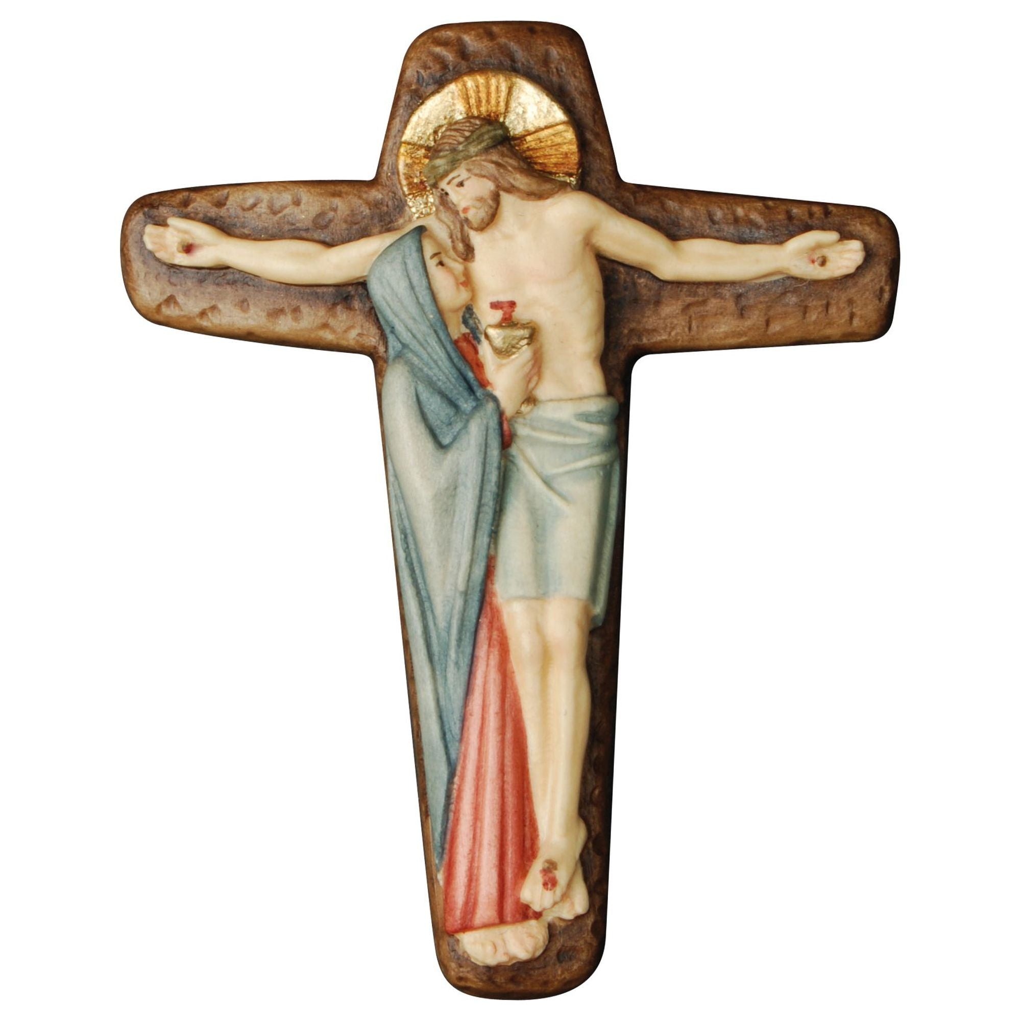Kreuz mit Christus und Maria mit Kelch – handgeschnitzt und handbemalt in Südtirol
