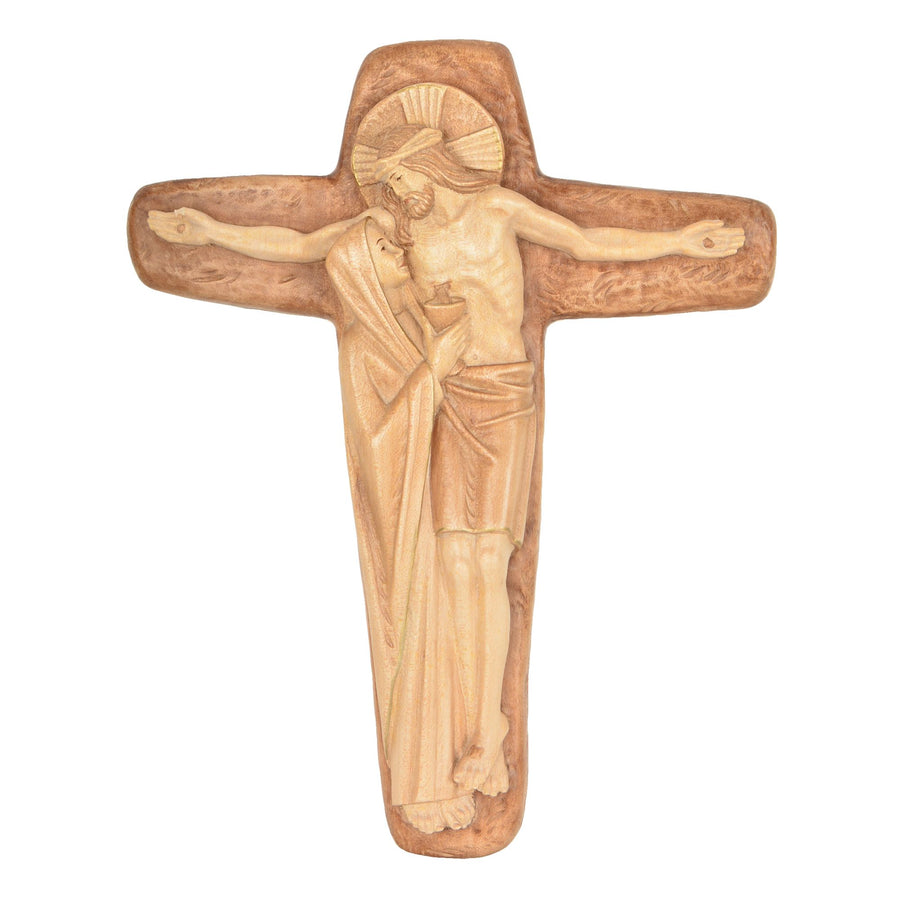 Croce con Cristo e Maria con il calice – croce in legno scolpita a mano, finitura velata a colori