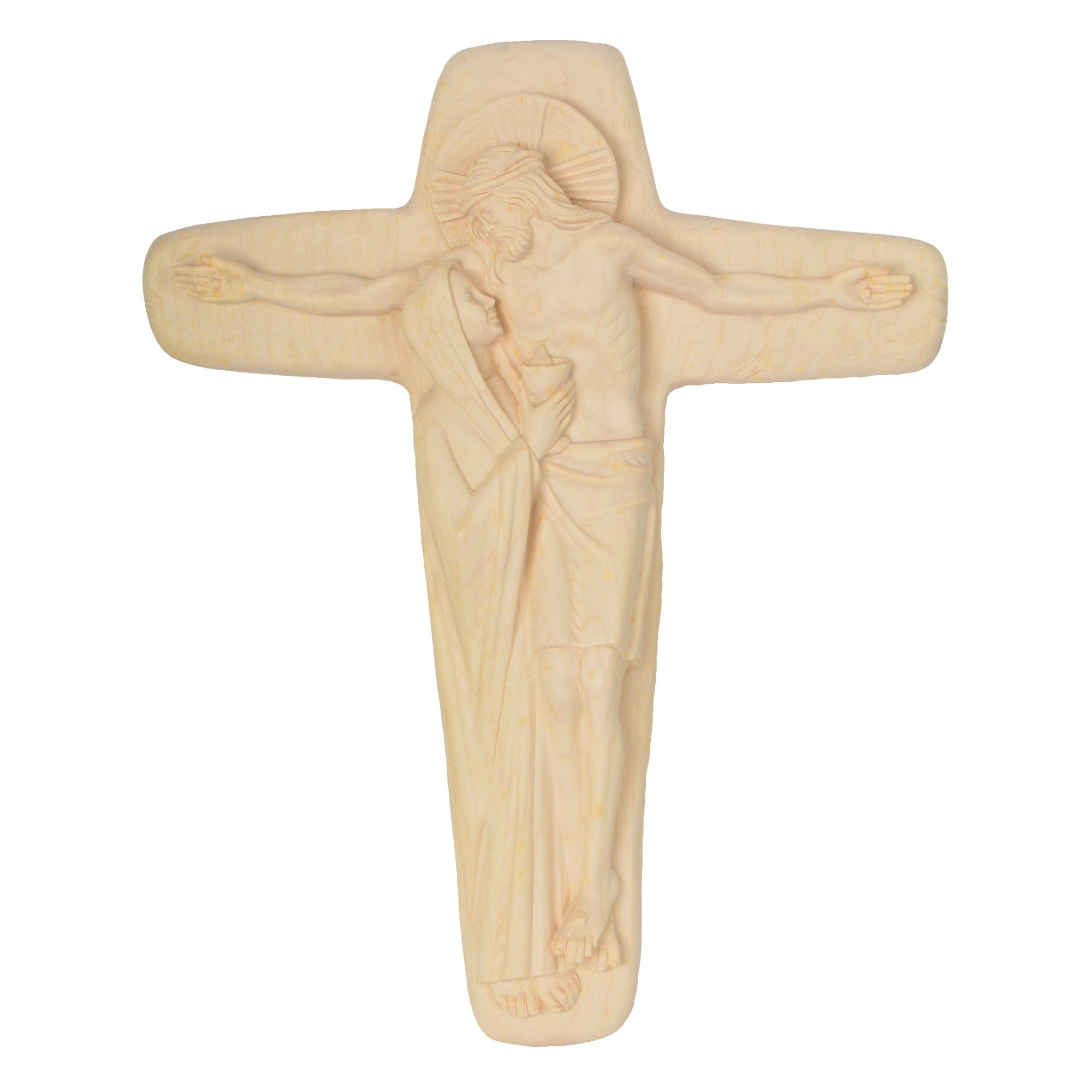 Kreuz mit Christus und Maria mit Kelch – handgeschnitzt und handbemalt in Südtirol
