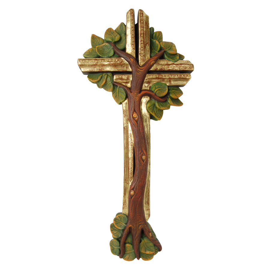 Tree of Life Cross – hand-carved wooden cross from South Tyrol, antique genuine gold leaf finish