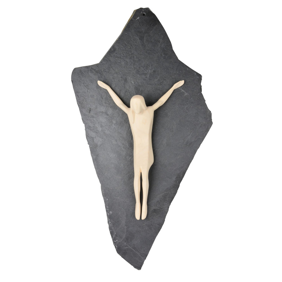 Cristo moderno sobre placa de piedra – talla de madera hecha a mano del Tirol del Sur, acabado natural