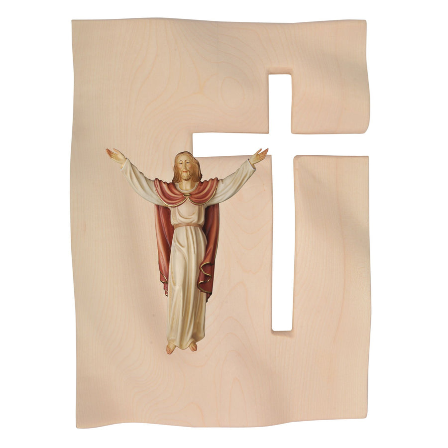 Croce a lastra con Cristo risorto, dipinta a mano – croce in legno scolpita a mano, finitura dipinta a mano