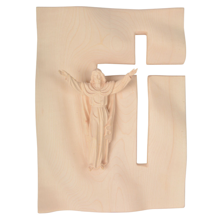 Placa con cruz y Cristo resucitado, natural – cruz de madera hecha a mano del Tirol del Sur, acabado natural