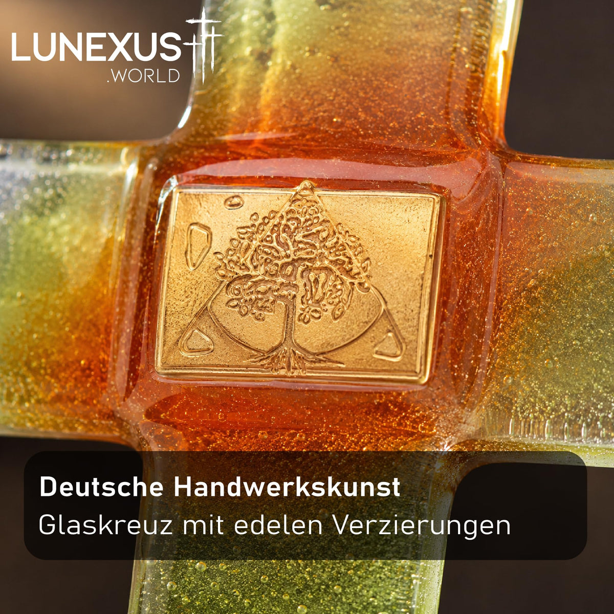 Glaskreuz 21×15 cm mit Glitzer-Farbverlauf in Orange, Gelb und Gold, gesegnet – Bild 5