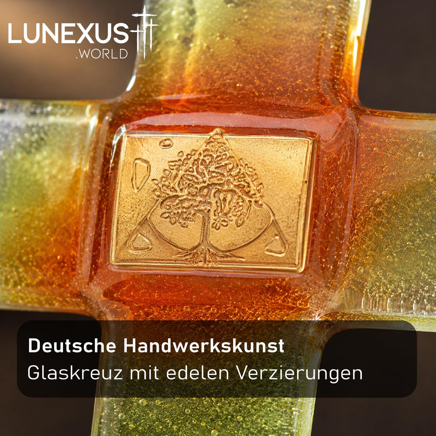 Glaskreuz 21×15 cm mit Glitzer-Farbverlauf in Orange, Gelb und Gold, gesegnet – Bild 5