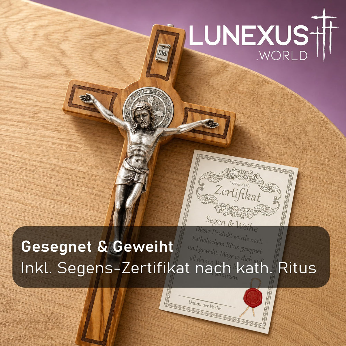 Benediktus-Kruzifix aus Olivenholz 28 × 15 cm mit Corpus, INRI-Tafel und Medaille, gesegnet – Bild 4