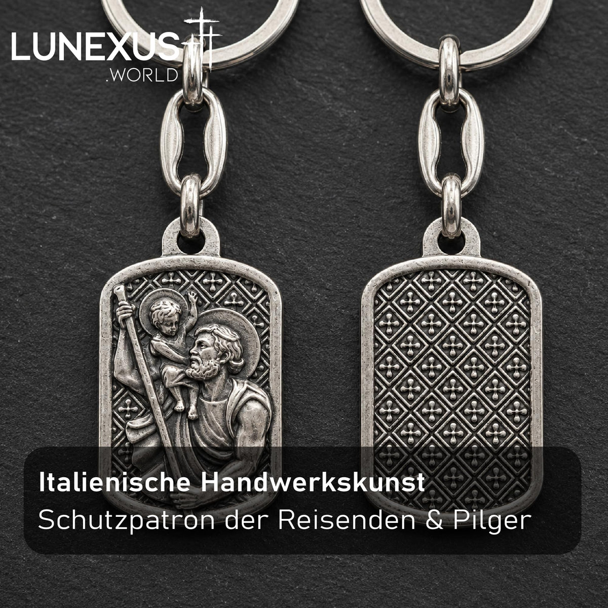 Christophorus Schlüsselanhänger Metall silber 8 cm, gesegnet, mit schwarzem Samtbeutel – Bild 5