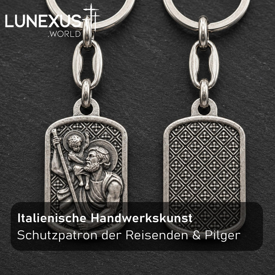 Christophorus Schlüsselanhänger Metall silber 8 cm, gesegnet, mit schwarzem Samtbeutel – Bild 5