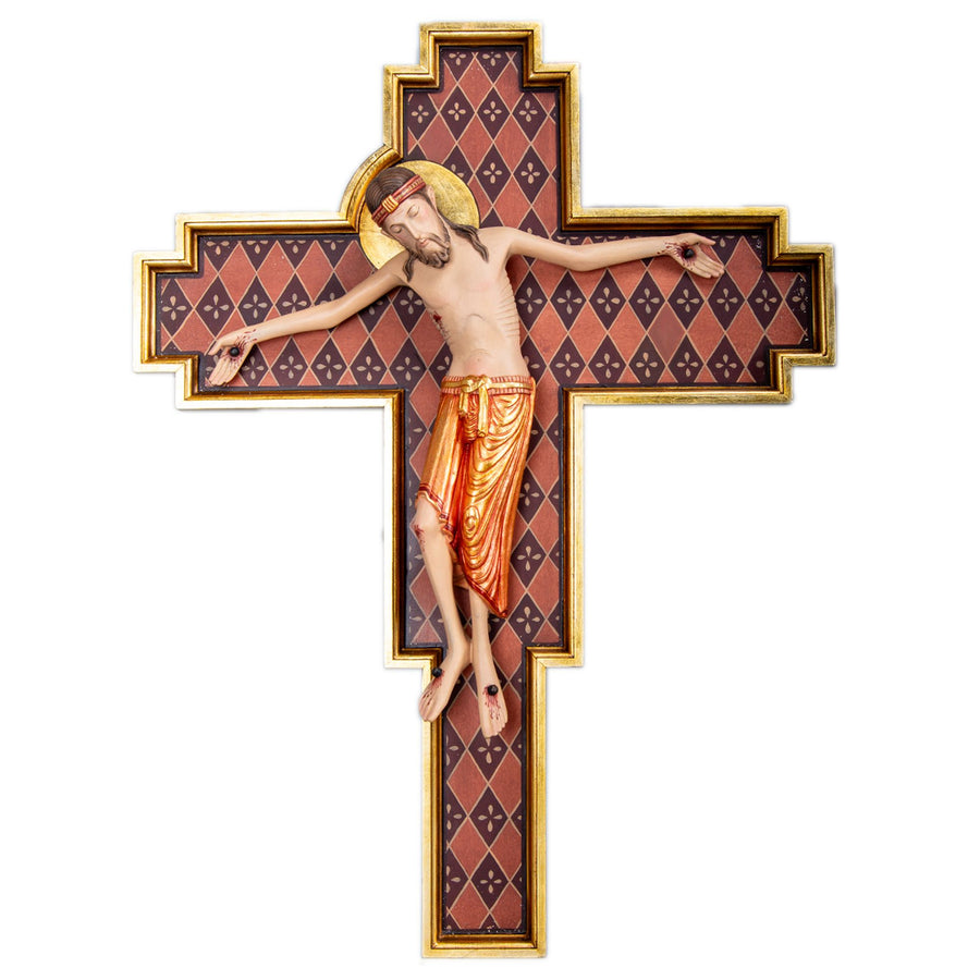 Corpus with Cross, Romanesque – hand-carved wooden cross from South Tyrol, hand-painted finish
