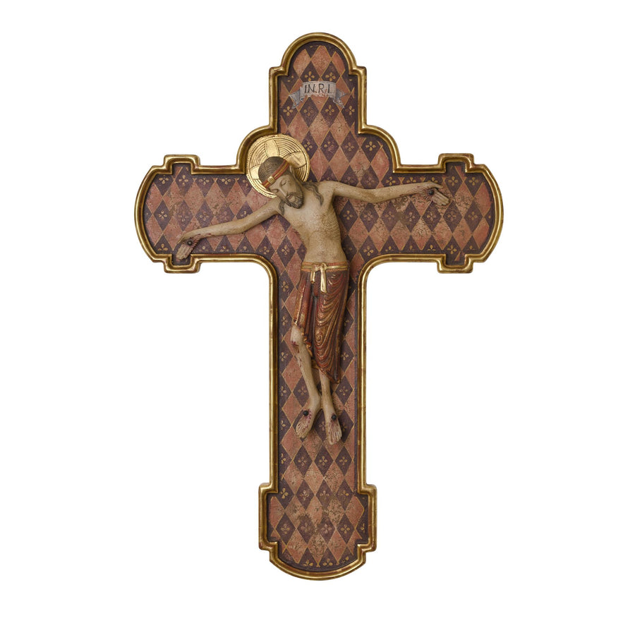 Corpus with Cross, Romanesque – hand-carved wooden cross from South Tyrol, antique genuine gold finish