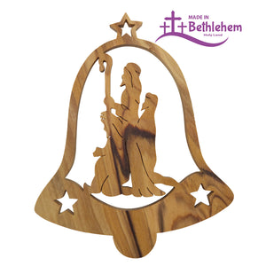 Olivenholzanhänger Glocke mit Heiliger Familie – Handarbeit aus Bethlehem