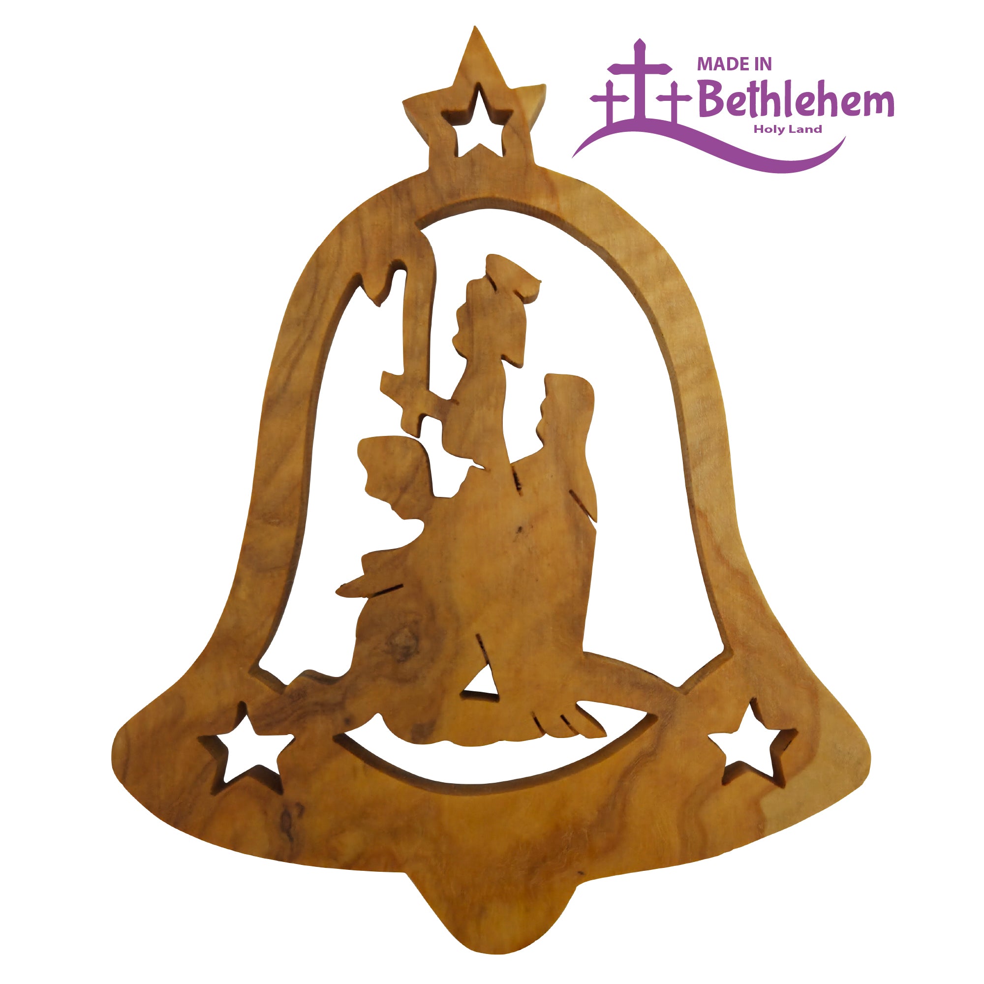 Olivenholzanhänger Glocke Heilige Familie – Handarbeit & Segnung aus Bethlehem