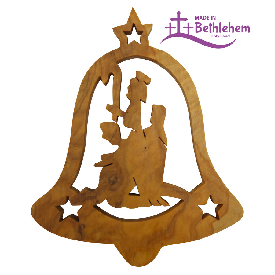 Pendentif cloche Sainte Famille en bois d'olivier – fait main et bénédiction de Bethléem – vue principale