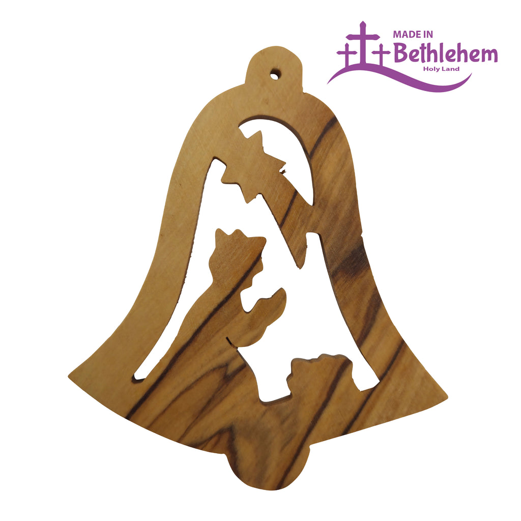 Olivenholzanhänger Glocke mit Krippenszene – Handarbeit & Segnung aus Bethlehem