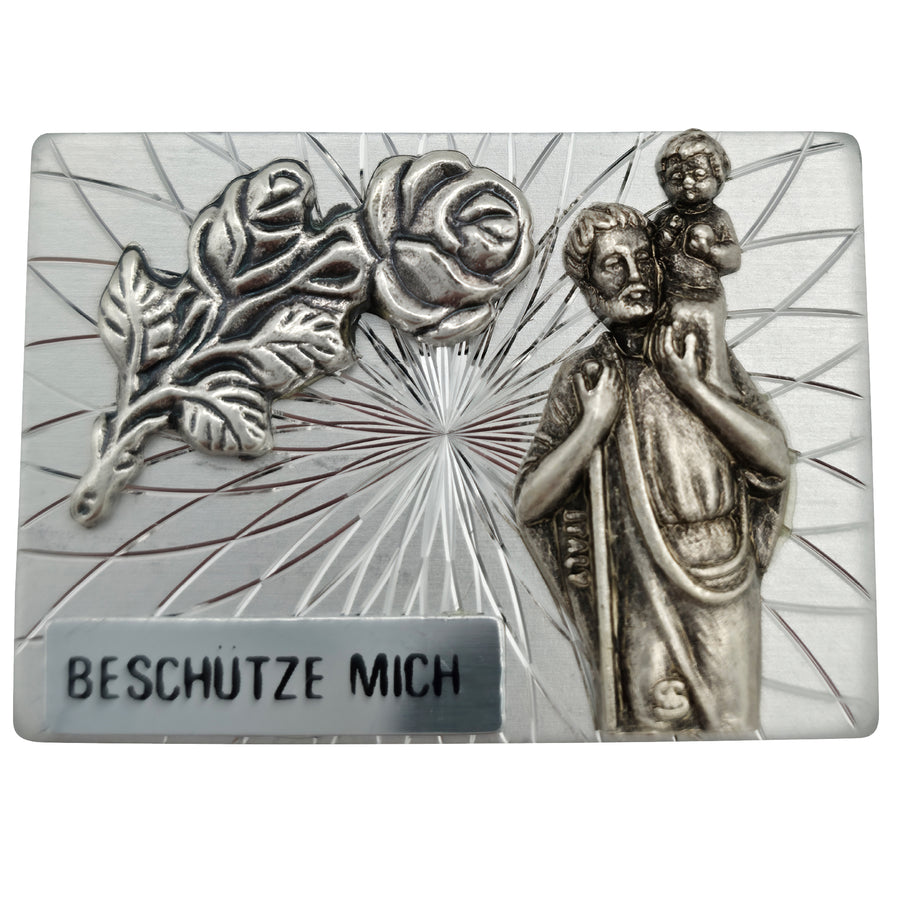 Médaille saint Christophe rectangulaire pour voiture 3,6 × 2,6 cm avec l'inscription « beschütze mich », bénite, pour conducteurs