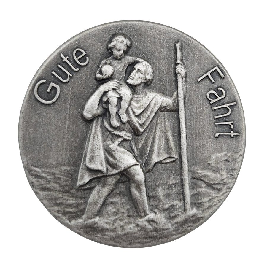 Aimant saint Christophe Ø 3 cm « Gute Fahrt », médaille bénite, saint patron des voyageurs