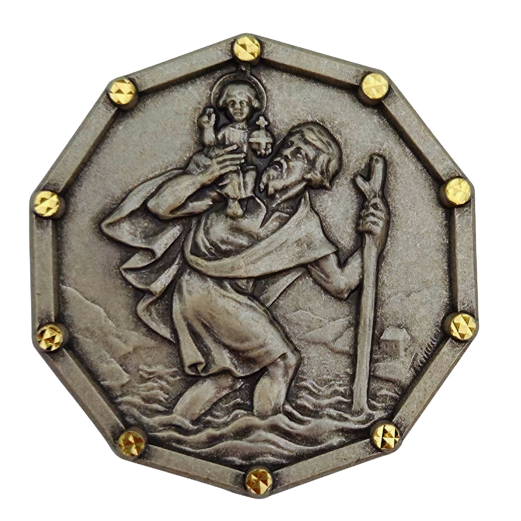 Christophorus Medaille Ø 3 cm achteckig mit goldfarbenen Ziernieten & mit Samtbeutel