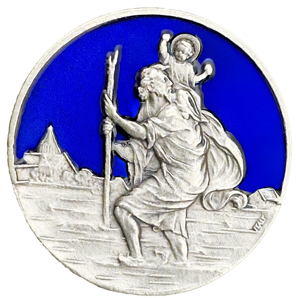 Christophorus Plakette blau Ø 3,5 cm – gesegnet & Magnet