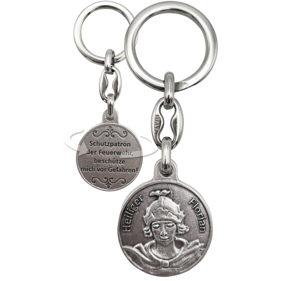 Porte-clés saint Florian sur un trousseau de clés, saint patron des pompiers, cadeau bénit pour la fête de saint Florian