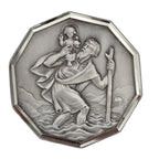 christophorus magnet ø 3 cm achteckige medaille silberrand gesegnet auto schutzpatron