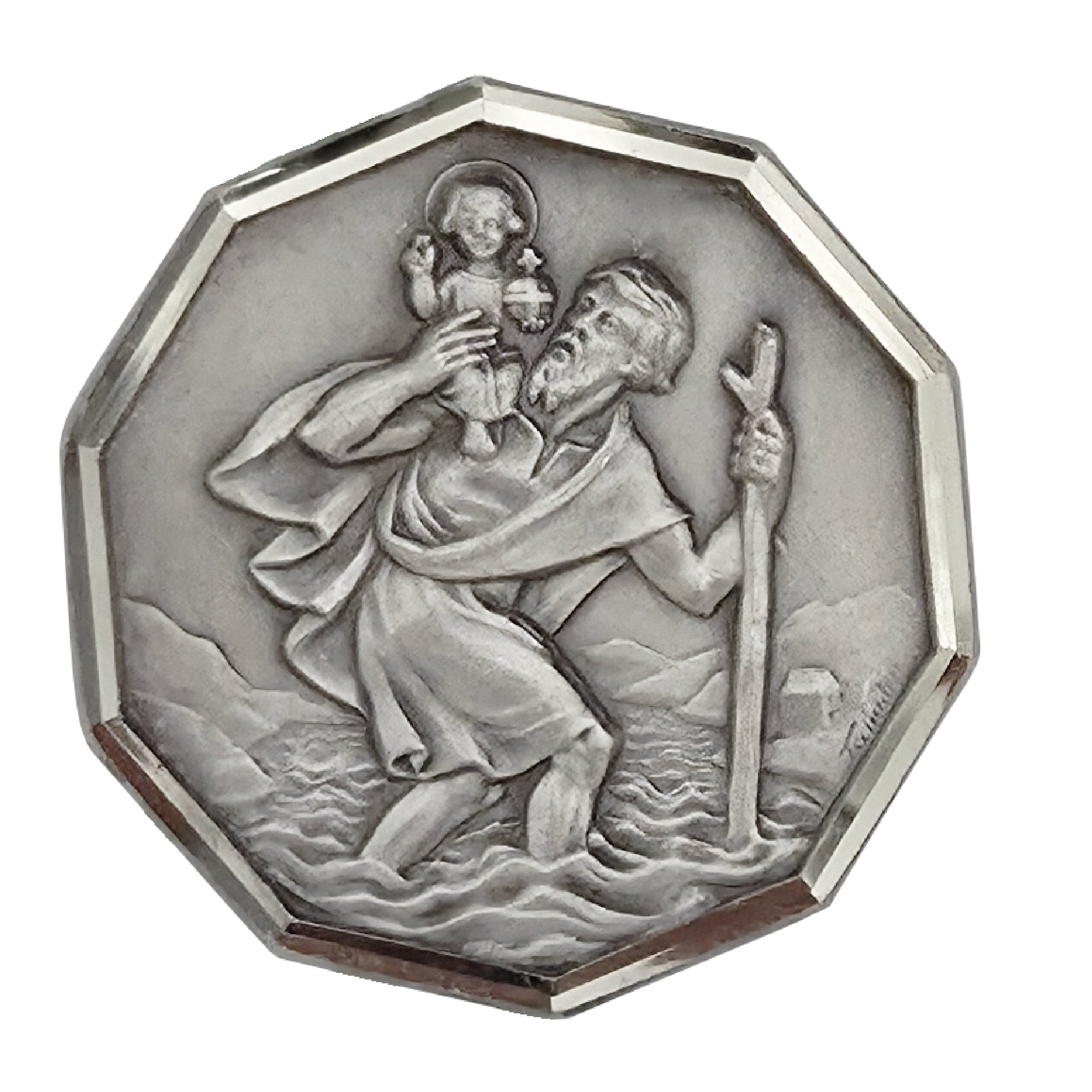 christophorus magnet ø 3 cm achteckige medaille silberrand gesegnet auto schutzpatron